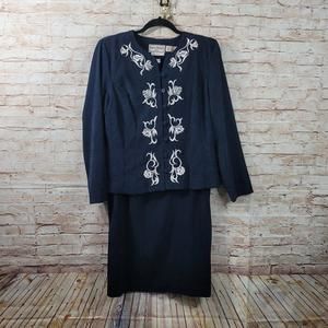 Vintage Karin Stevens Womans Dress 12 Petite Overlay Dark Blue White Embroidered